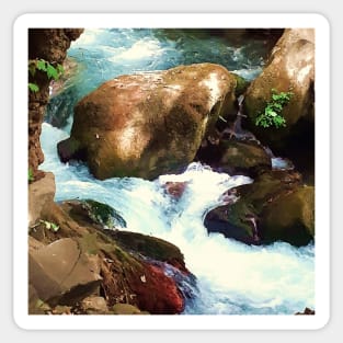 River flow, rocks, vegetation, flow, river, water, turquoise, island, paradise, adventure, foam, blue, aqua, stones, summer, rain, xmas, holidays Sticker
